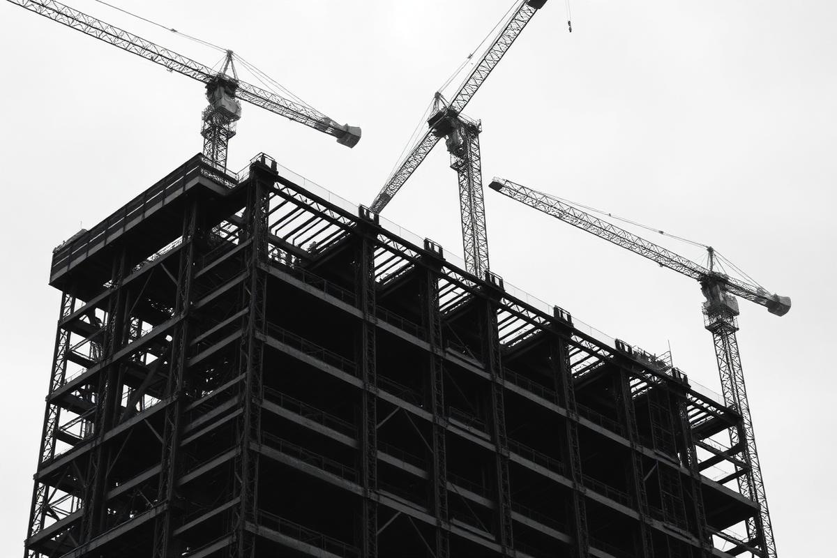 High-rise residential building under construction with tower cranes